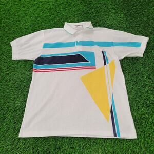 Jantzen White Polo Shirt with Blue, Yellow, and Red Accents